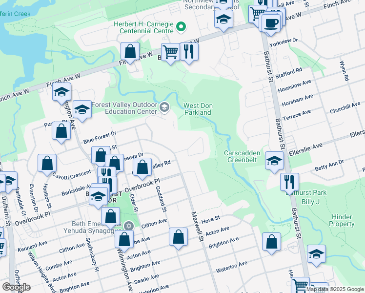 map of restaurants, bars, coffee shops, grocery stores, and more near 22 Coreydale Court in Toronto