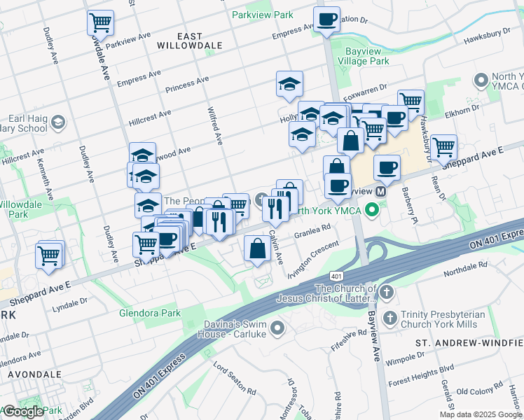 map of restaurants, bars, coffee shops, grocery stores, and more near 374 Sheppard Avenue East in Toronto