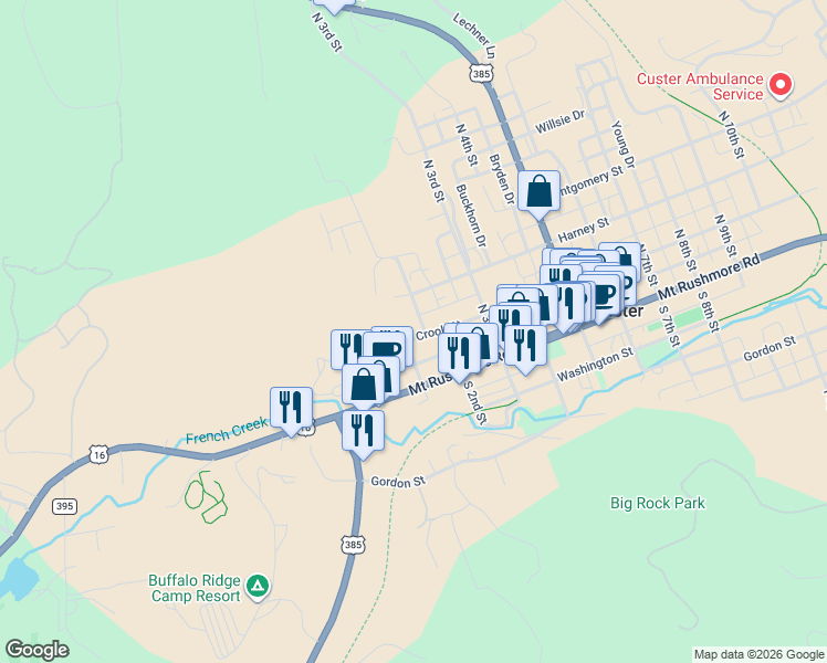 map of restaurants, bars, coffee shops, grocery stores, and more near 38 North 1st Street in Custer