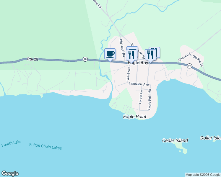 map of restaurants, bars, coffee shops, grocery stores, and more near 176 Lone Pine Road North in Old Forge