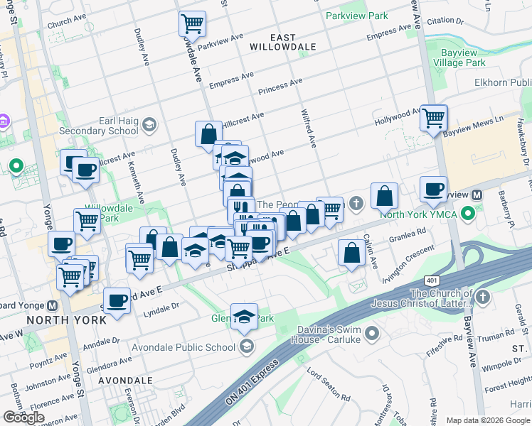 map of restaurants, bars, coffee shops, grocery stores, and more near in Toronto