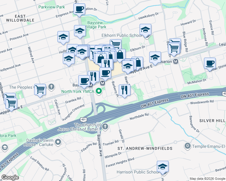 map of restaurants, bars, coffee shops, grocery stores, and more near 19 Barberry Place in Toronto