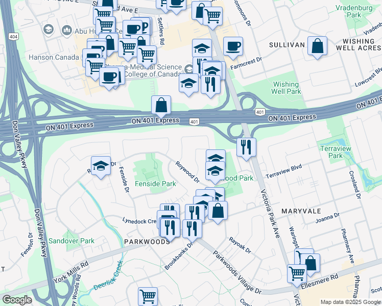 map of restaurants, bars, coffee shops, grocery stores, and more near in Toronto