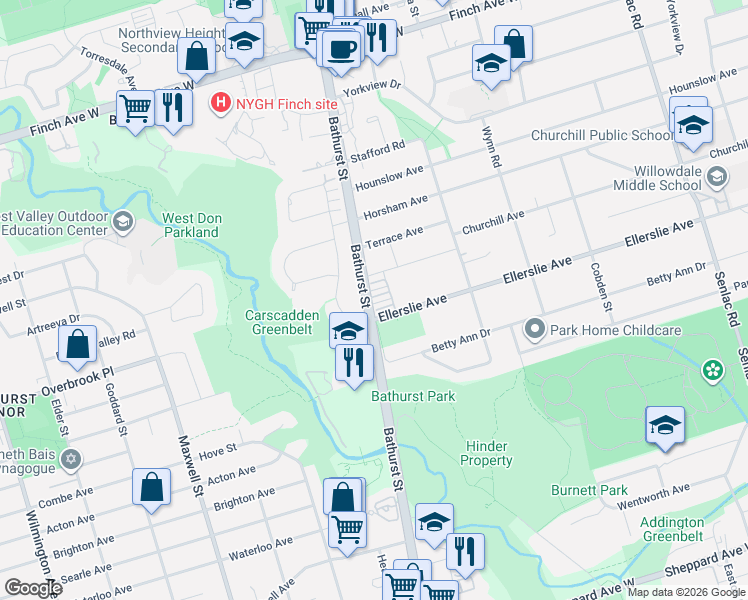 map of restaurants, bars, coffee shops, grocery stores, and more near 22 Flook Lane in Toronto