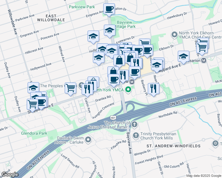map of restaurants, bars, coffee shops, grocery stores, and more near 42 Granlea Road in Toronto