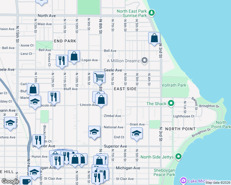 map of restaurants, bars, coffee shops, grocery stores, and more near 1917 North 7th Street in Sheboygan