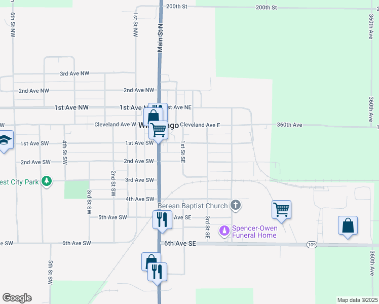 map of restaurants, bars, coffee shops, grocery stores, and more near 132 1st Avenue Southeast in Winnebago