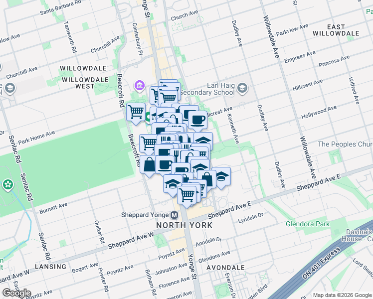 map of restaurants, bars, coffee shops, grocery stores, and more near 18 Hollywood Avenue in Toronto
