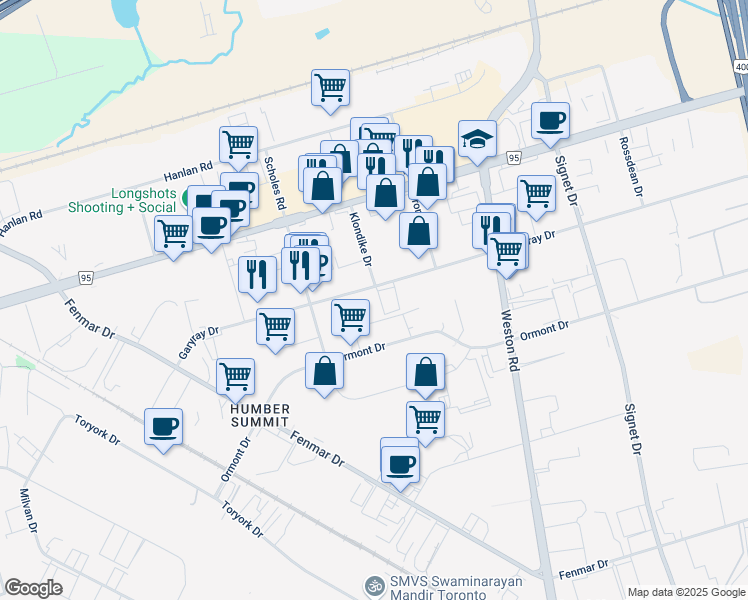 map of restaurants, bars, coffee shops, grocery stores, and more near 1250 Ormont Drive in Toronto