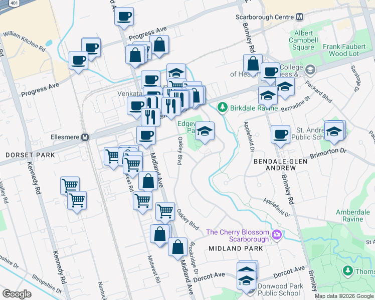 map of restaurants, bars, coffee shops, grocery stores, and more near in Toronto