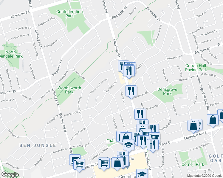 map of restaurants, bars, coffee shops, grocery stores, and more near 97 Pandora Circle in Toronto