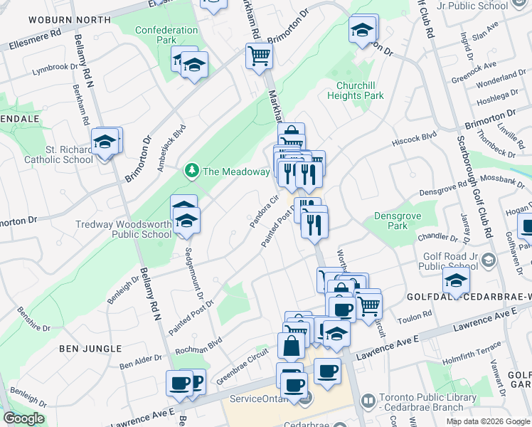 map of restaurants, bars, coffee shops, grocery stores, and more near 97 Pandora Circle in Toronto