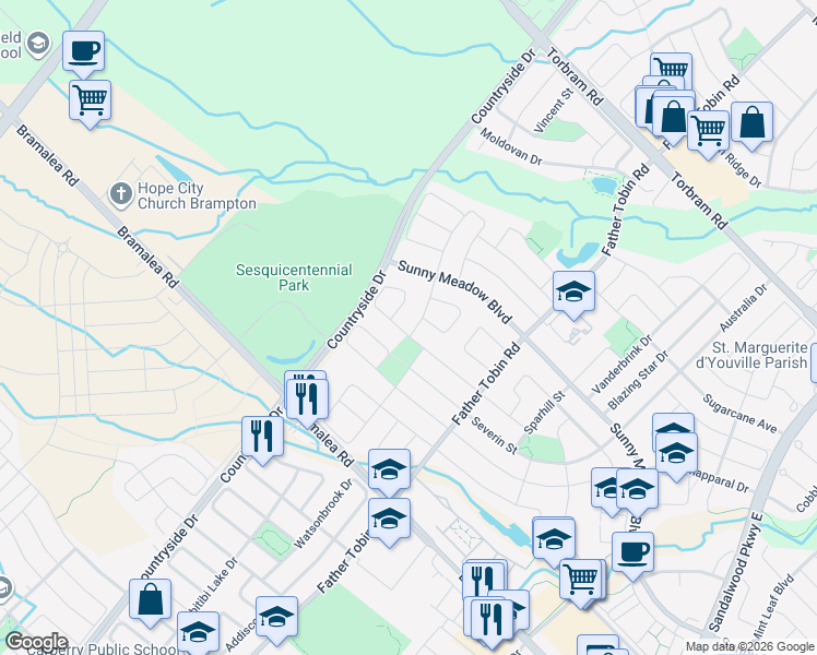 map of restaurants, bars, coffee shops, grocery stores, and more near 51 Quailvalley Drive in Brampton