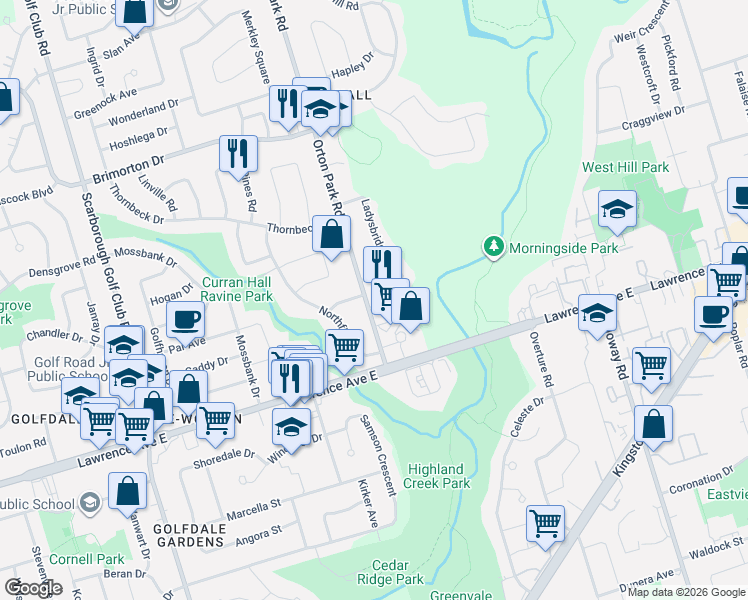 map of restaurants, bars, coffee shops, grocery stores, and more near 2 Ladysbridge Drive in Toronto