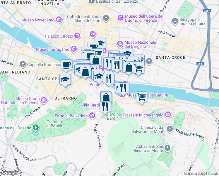 map of restaurants, bars, coffee shops, grocery stores, and more near 35 Via de' Bardi in Firenze