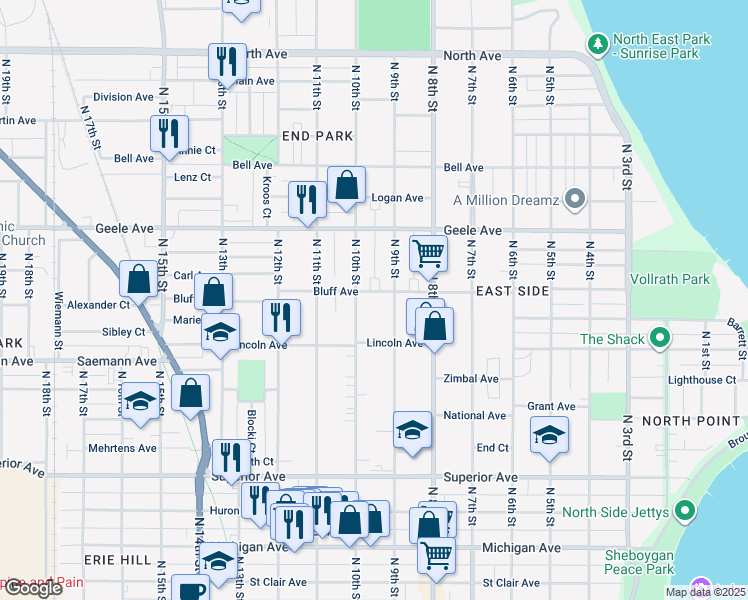 map of restaurants, bars, coffee shops, grocery stores, and more near 1919 North 10th Street in Sheboygan