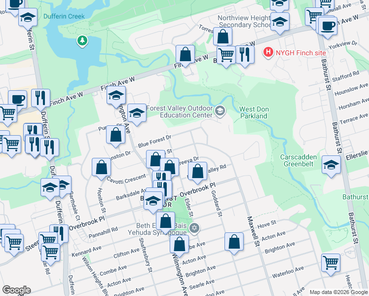 map of restaurants, bars, coffee shops, grocery stores, and more near 258 Maxwell Street in Toronto