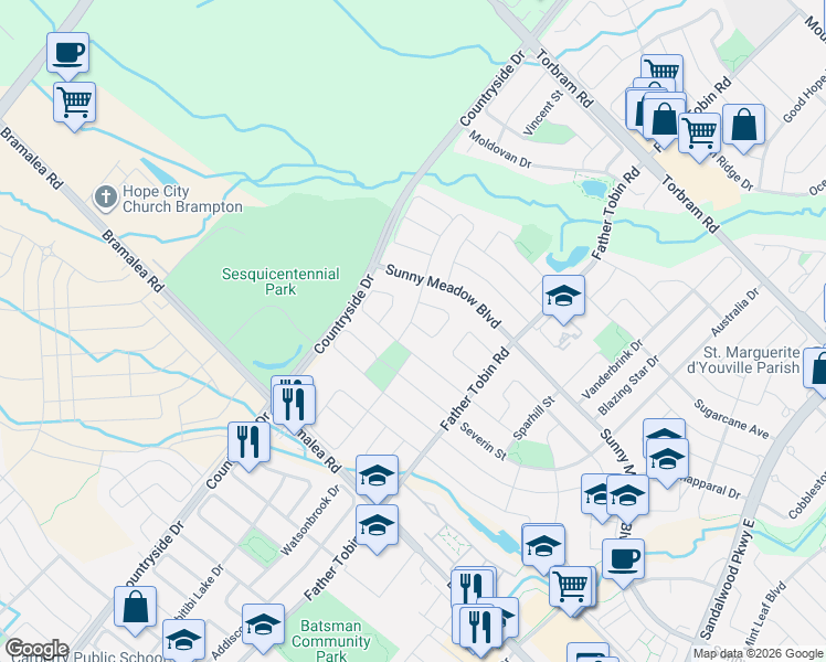map of restaurants, bars, coffee shops, grocery stores, and more near 7 Resserville Street in Brampton