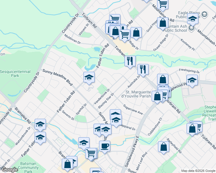map of restaurants, bars, coffee shops, grocery stores, and more near 61 Sugarcane Avenue in Brampton