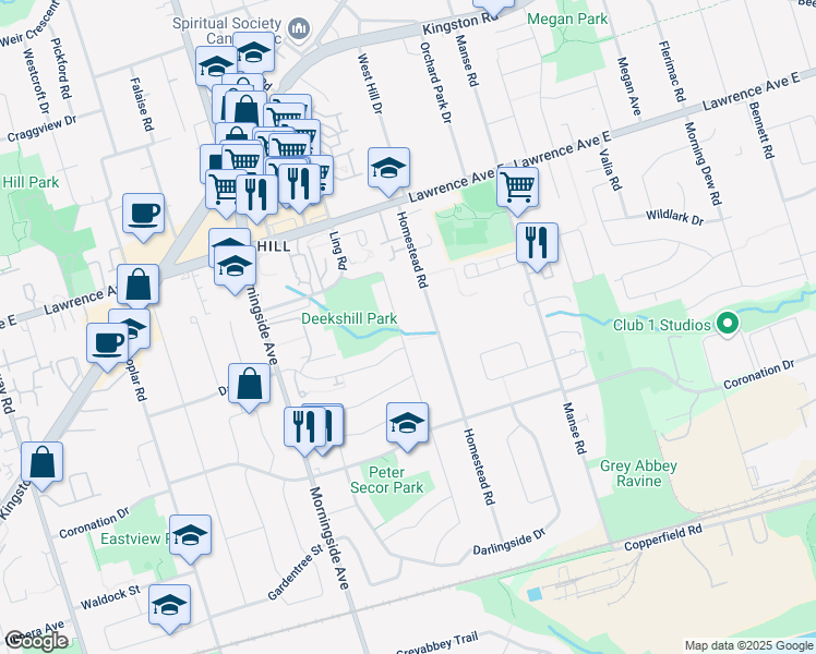 map of restaurants, bars, coffee shops, grocery stores, and more near 97 Piperbrook Crescent in Toronto