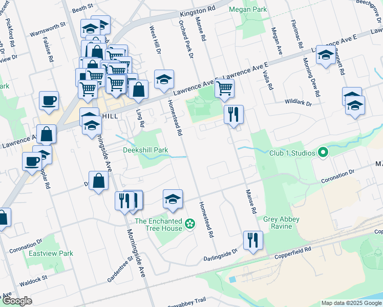 map of restaurants, bars, coffee shops, grocery stores, and more near 101 Homestead Road in Toronto