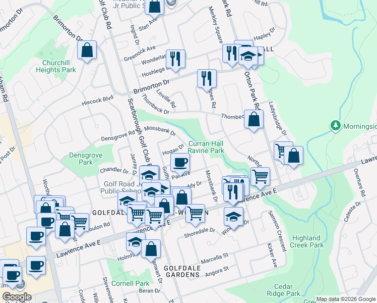 map of restaurants, bars, coffee shops, grocery stores, and more near 26 Ellie Drive in Toronto