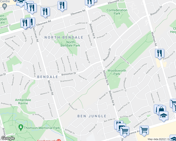 map of restaurants, bars, coffee shops, grocery stores, and more near 233 Brimorton Drive in Toronto