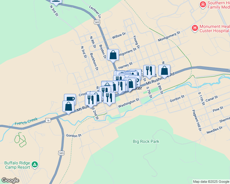 map of restaurants, bars, coffee shops, grocery stores, and more near 411 Mount Rushmore Road in Custer