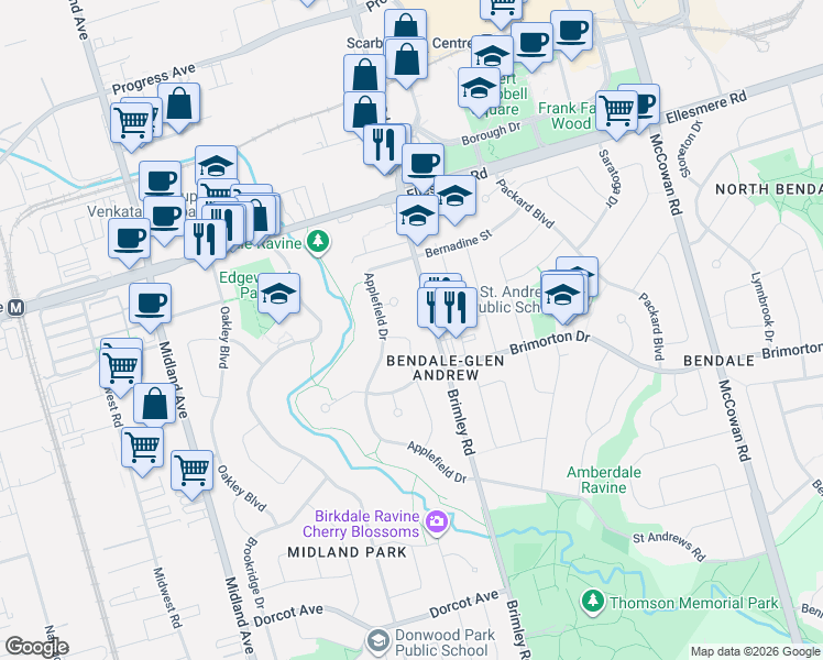 map of restaurants, bars, coffee shops, grocery stores, and more near 51 Tordale Crescent in Toronto
