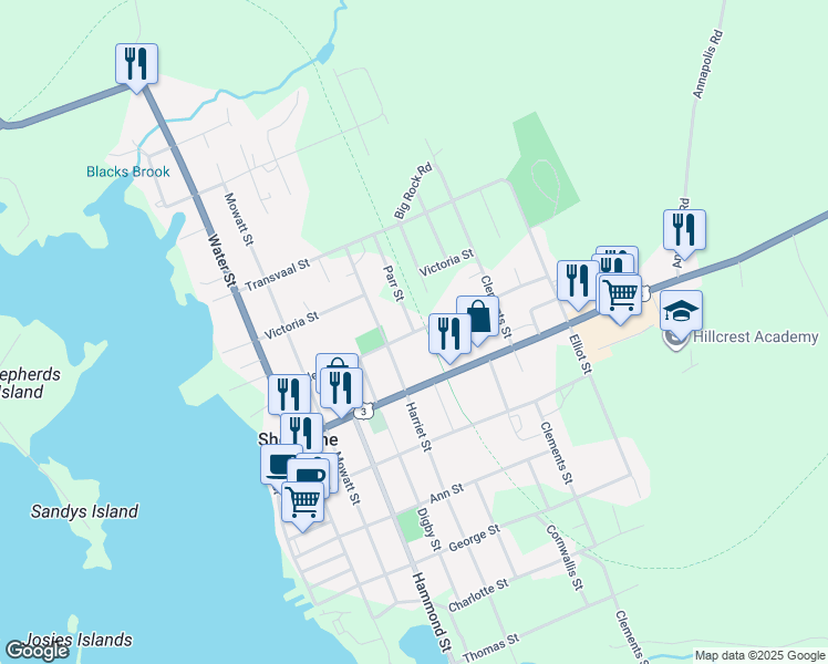 map of restaurants, bars, coffee shops, grocery stores, and more near Bulkley Street in Shelburne