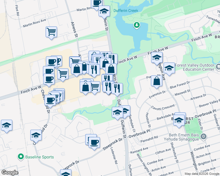map of restaurants, bars, coffee shops, grocery stores, and more near 4544 Dufferin Street in Toronto