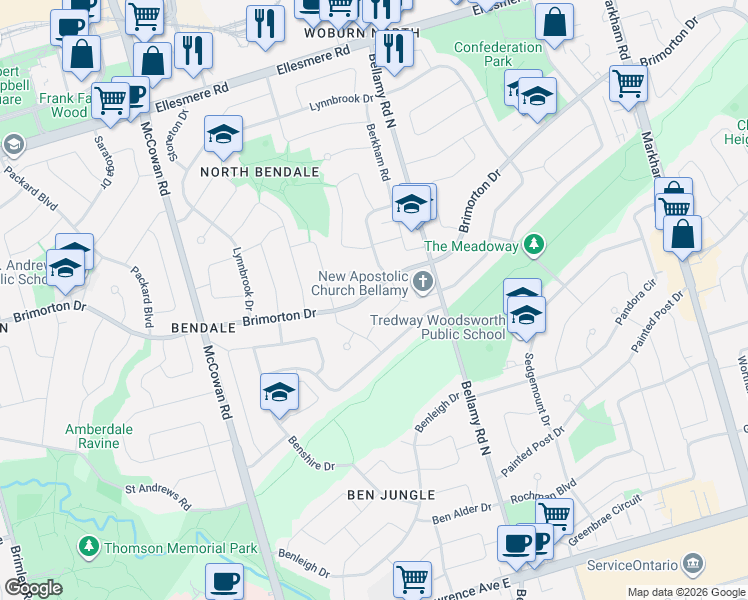 map of restaurants, bars, coffee shops, grocery stores, and more near 233 Brimorton Drive in Toronto