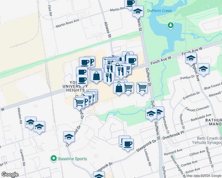 map of restaurants, bars, coffee shops, grocery stores, and more near 2 Champagne Drive in Toronto