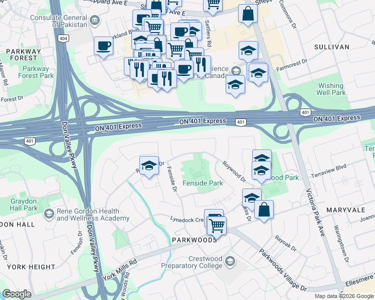 map of restaurants, bars, coffee shops, grocery stores, and more near 121 Roywood Drive in Toronto