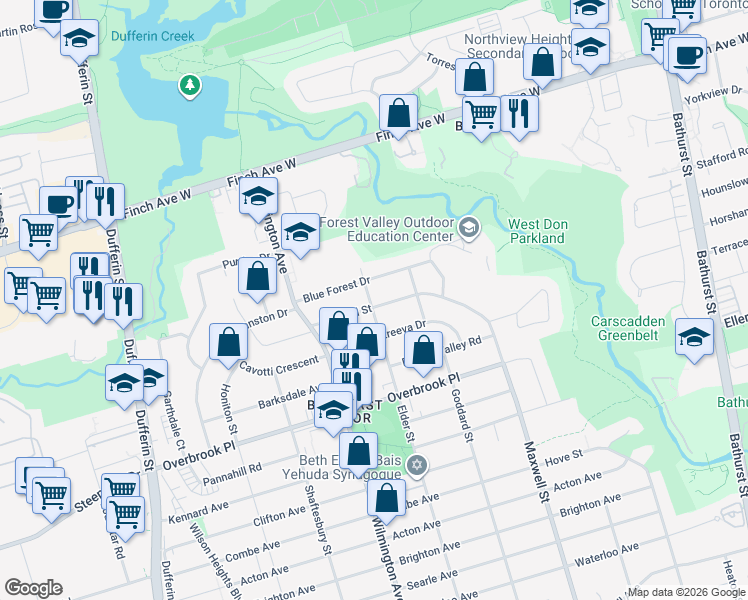 map of restaurants, bars, coffee shops, grocery stores, and more near in Toronto