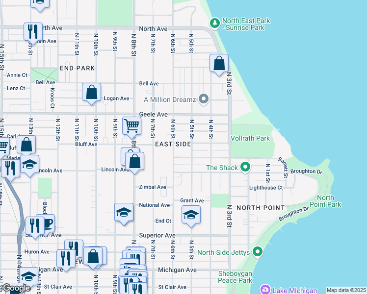 map of restaurants, bars, coffee shops, grocery stores, and more near 2016 North 5th Street in Sheboygan