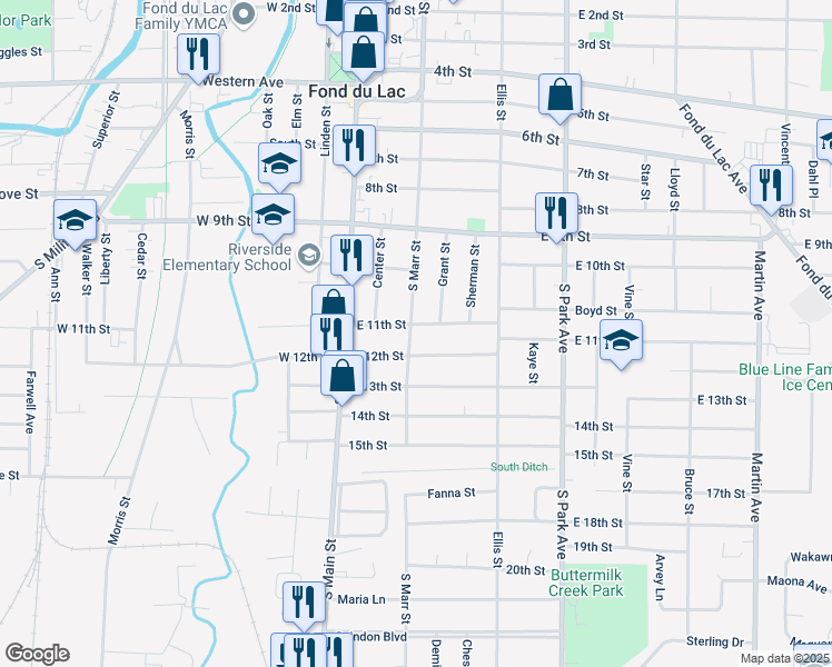 map of restaurants, bars, coffee shops, grocery stores, and more near 433 South Marr Street in Fond du Lac