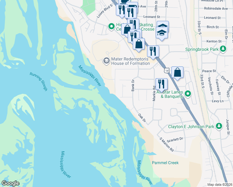 map of restaurants, bars, coffee shops, grocery stores, and more near 4110 Velmar Court in La Crosse