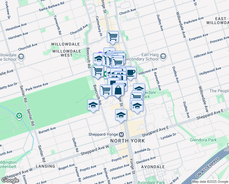 map of restaurants, bars, coffee shops, grocery stores, and more near 5050 Yonge Street in Toronto