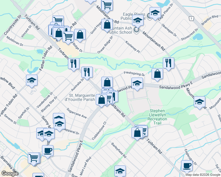 map of restaurants, bars, coffee shops, grocery stores, and more near 29 Timbertop Crescent in Brampton