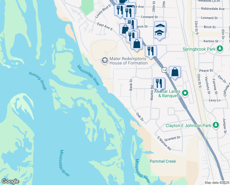 map of restaurants, bars, coffee shops, grocery stores, and more near 4110 Velmar Court in La Crosse