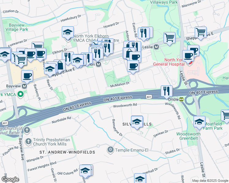map of restaurants, bars, coffee shops, grocery stores, and more near 27 McMahon Drive in Toronto