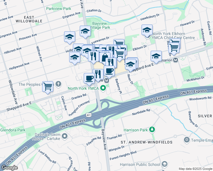 map of restaurants, bars, coffee shops, grocery stores, and more near 2901 Bayview Avenue in Toronto
