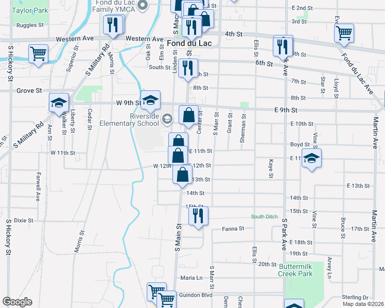 map of restaurants, bars, coffee shops, grocery stores, and more near 16 East 11th Street in Fond du Lac