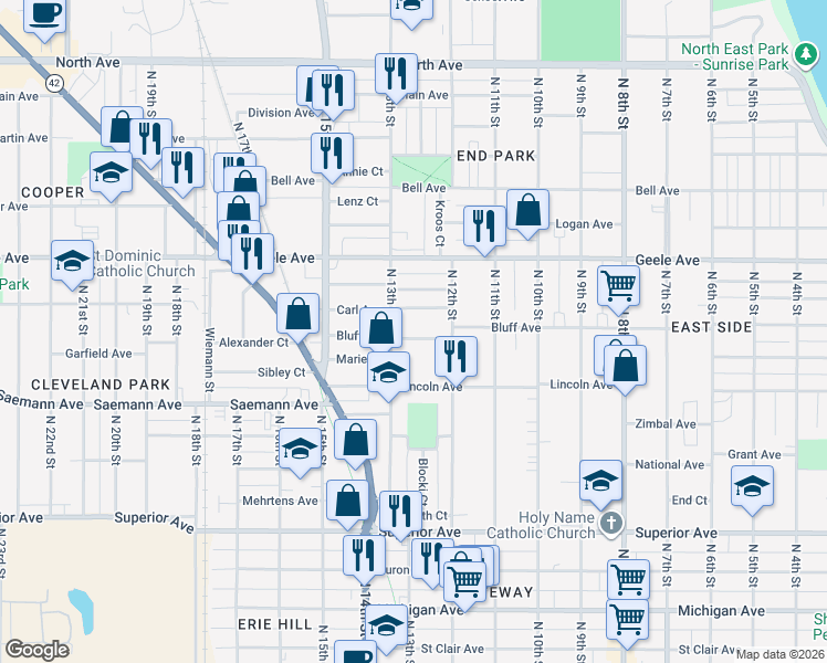 map of restaurants, bars, coffee shops, grocery stores, and more near 1245 Trimberger Court in Sheboygan