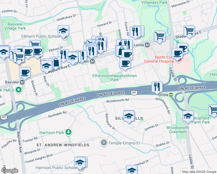 map of restaurants, bars, coffee shops, grocery stores, and more near 27 McMahon Drive in Toronto