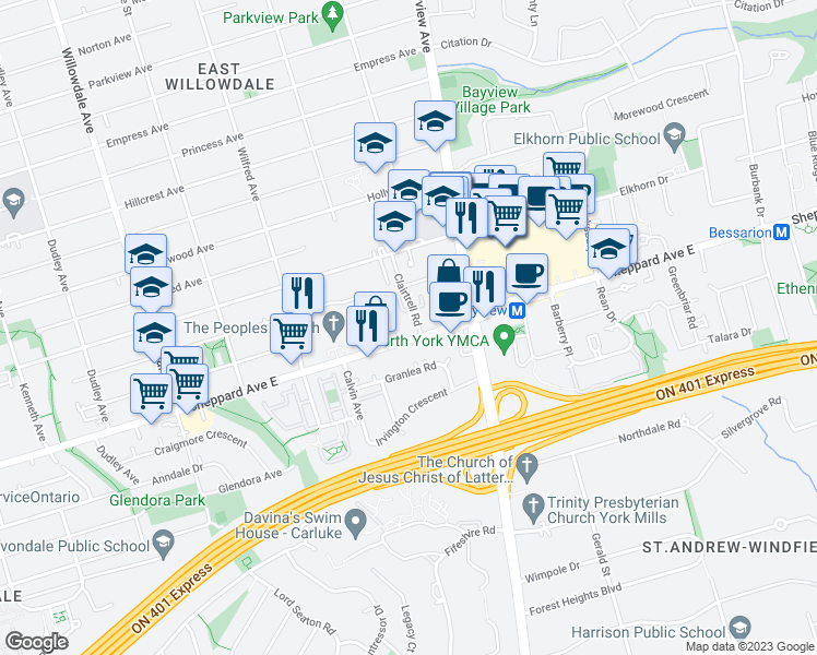 map of restaurants, bars, coffee shops, grocery stores, and more near 14 Espana Lane in Toronto