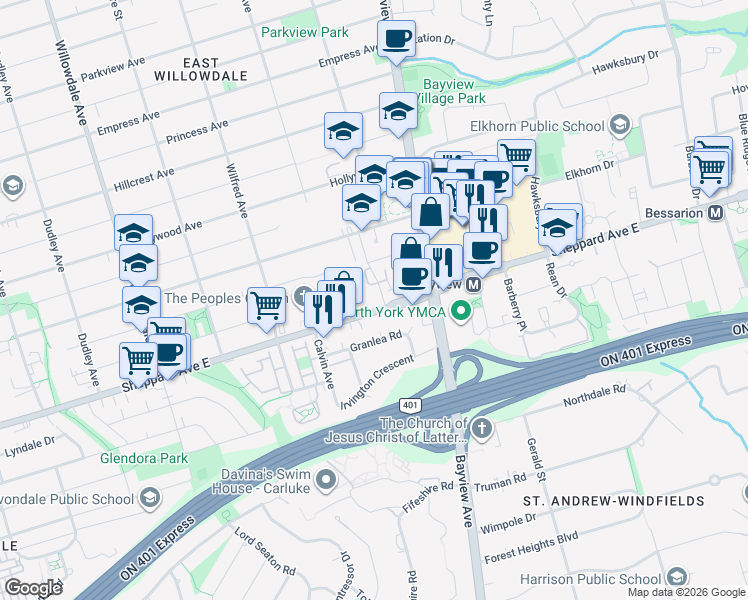 map of restaurants, bars, coffee shops, grocery stores, and more near in Toronto