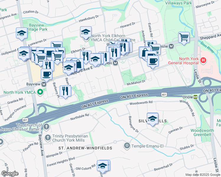 map of restaurants, bars, coffee shops, grocery stores, and more near 15 Talara Drive in Toronto