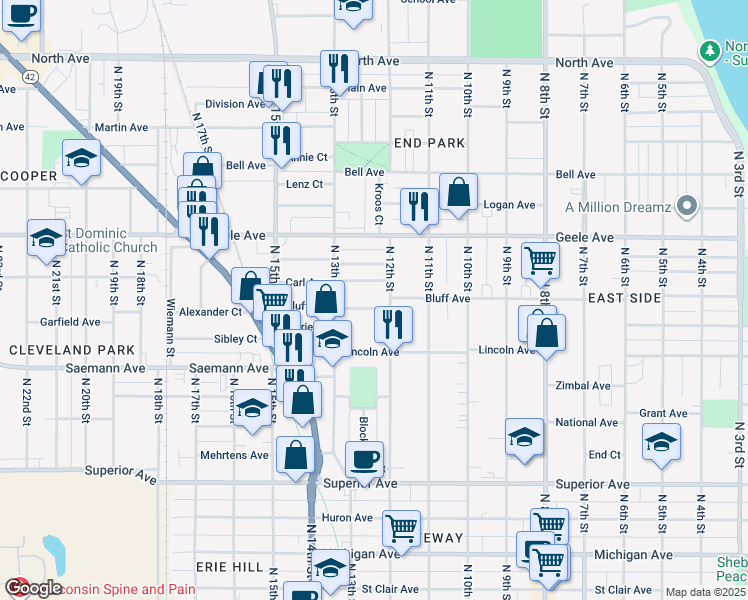map of restaurants, bars, coffee shops, grocery stores, and more near 2024 North 12th Street in Sheboygan